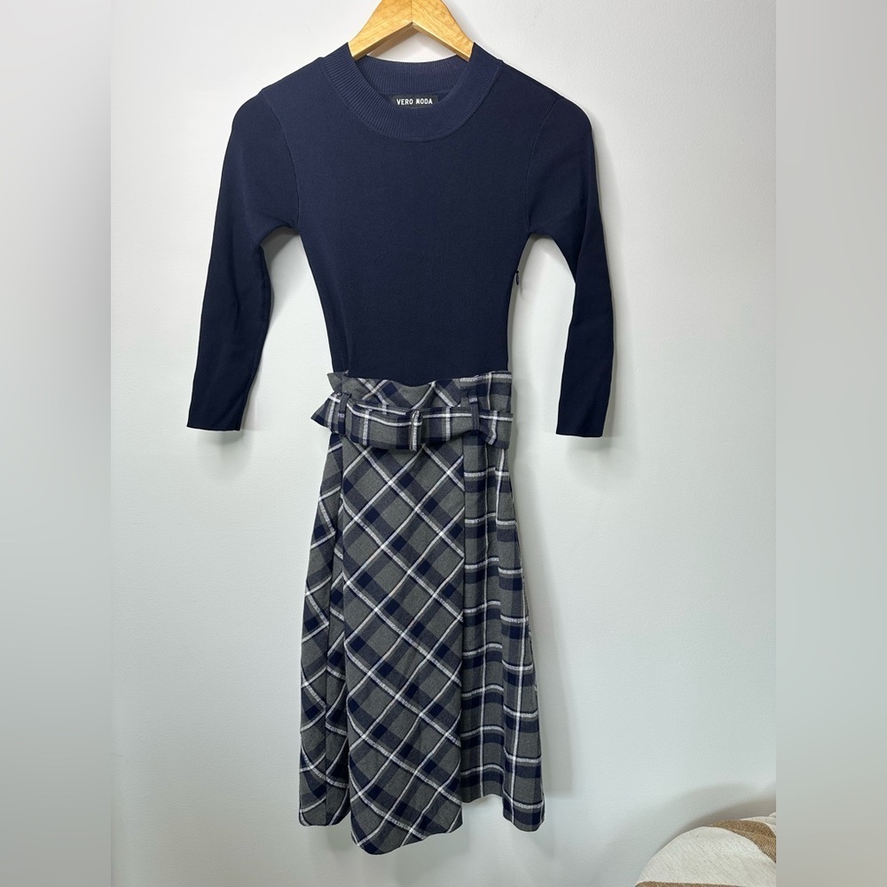 Vero Moda Women Checkered Fit And Flared Casual Dress, Navy Blue xs - Picture 3 of 10